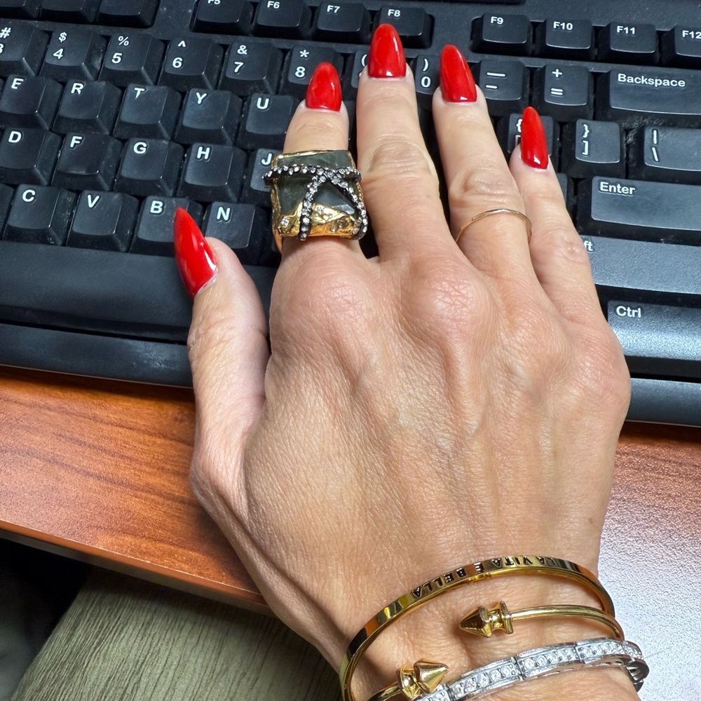 Alexis Bittar Gold Statement Ring with Ornate Design and Dark Green Stone